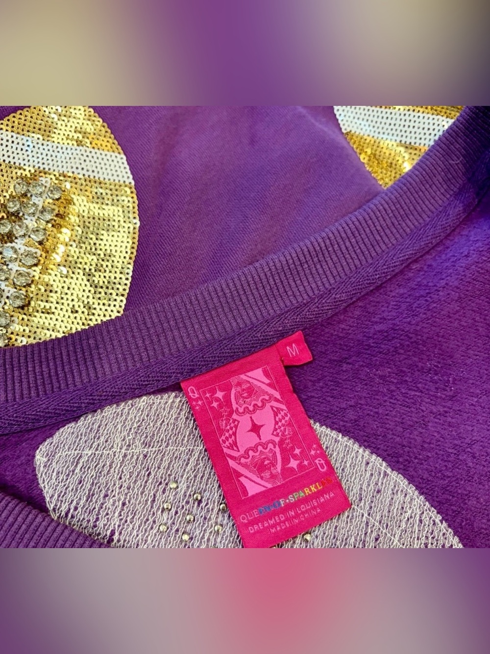 EUC!! QUEEN OF SPARKLES Sweatshirt with Gold Sequin & Crystal Footballs π - Picture 4 of 5